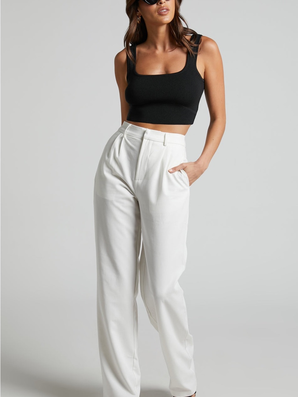 Showpo Lorcan High-Waist Pleated Wide-Leg Trousers in White